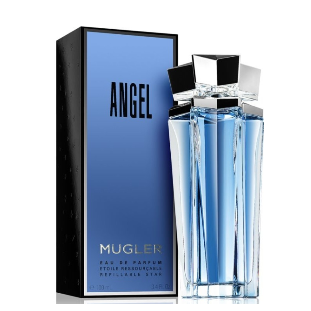 mugler-angel-edp-100ml-ricaricabile Bottiglia profumo Mugler Angel EDP 100ml ricaricabile con confezione blu e nera