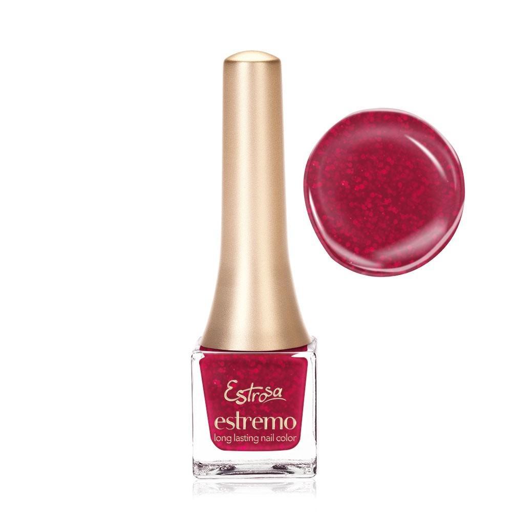 estrosa-estremo-smalto-lunga-durata-fabric-glitter Flacone Estrosa Estremo Smalto con swatch colore rosso vino glitter e tappo oro