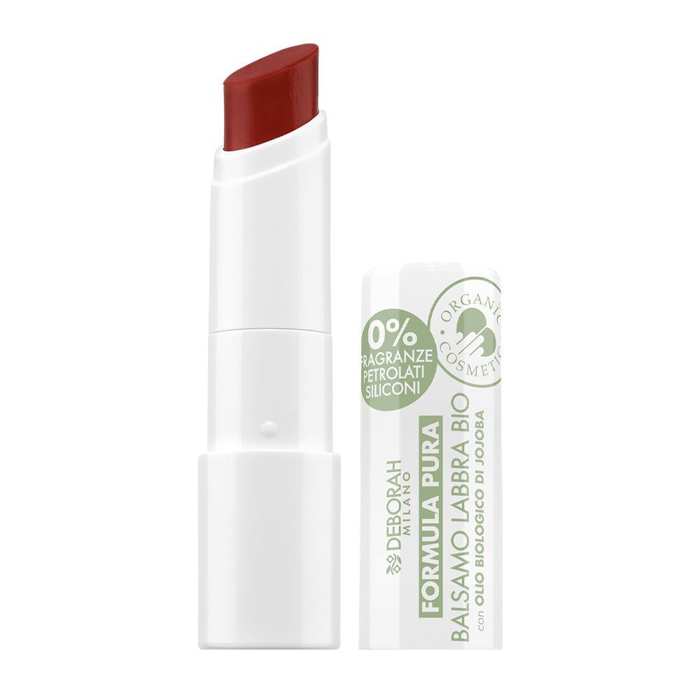 deborah-balsamo-labbra-bio-formula-pura-n.-8-taupe Balsamo labbra color Taupe in confezione bianca con applicatore, claim 0% e certificazioni biologiche visibili