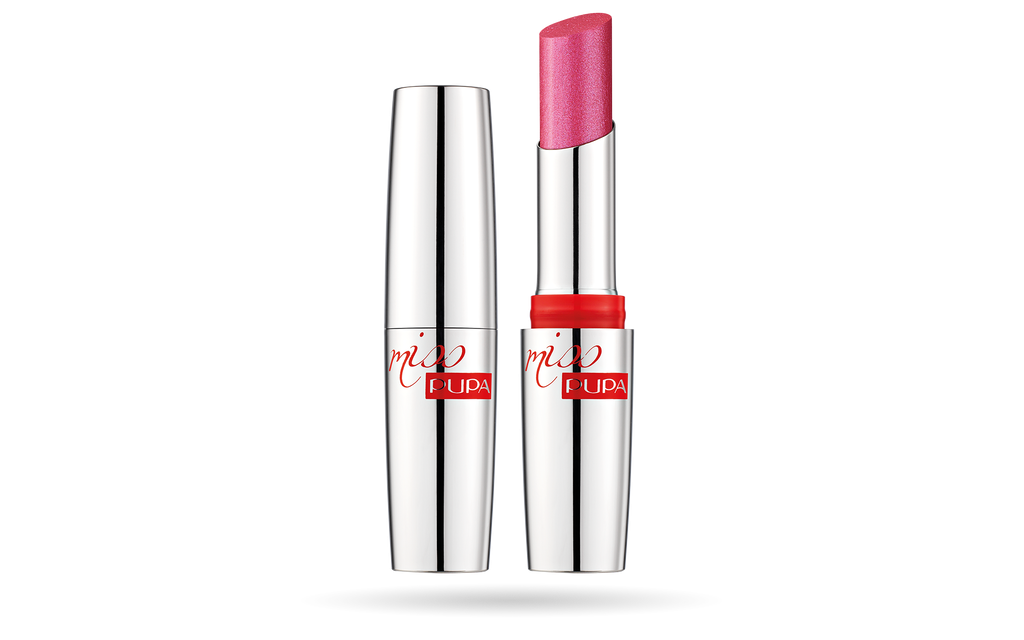 Due rossetti Pupa Miss Pupa Starlight 703 con applicatore aperto che mostra il colore rosa intenso magenta