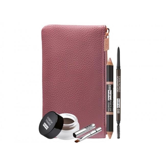pupa-eyebrown-professional-kit-matita-+-crema-+-matita-duo-+-pochette-003 Pochette rosa con kit di prodotti per sopracciglia: matite, crema e pennellini disposti