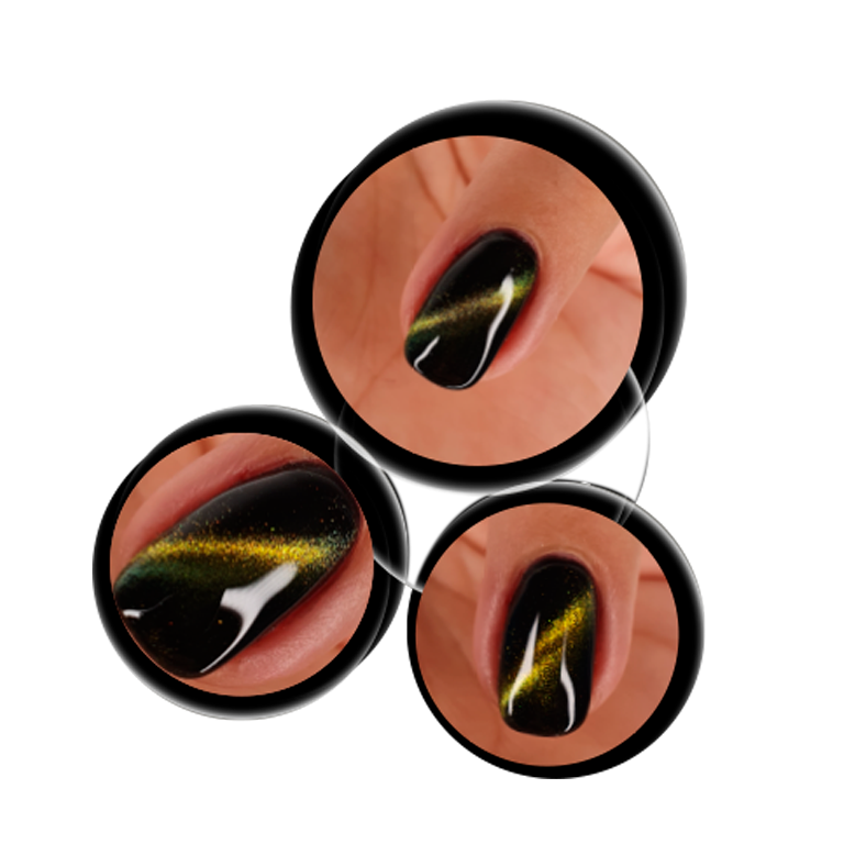 Applicazione gel cat eye magnetico oro su unghie con effetto magnetico