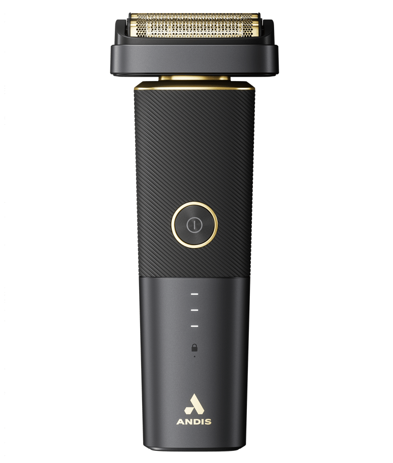 andis-rasoio-resurge-shaver Andis Rasoio Resurge Shaver vista frontale su sfondo nero con dettaglio testina, corpo grigio/nero a losanghe, pulsante accensione e indicatori batteria