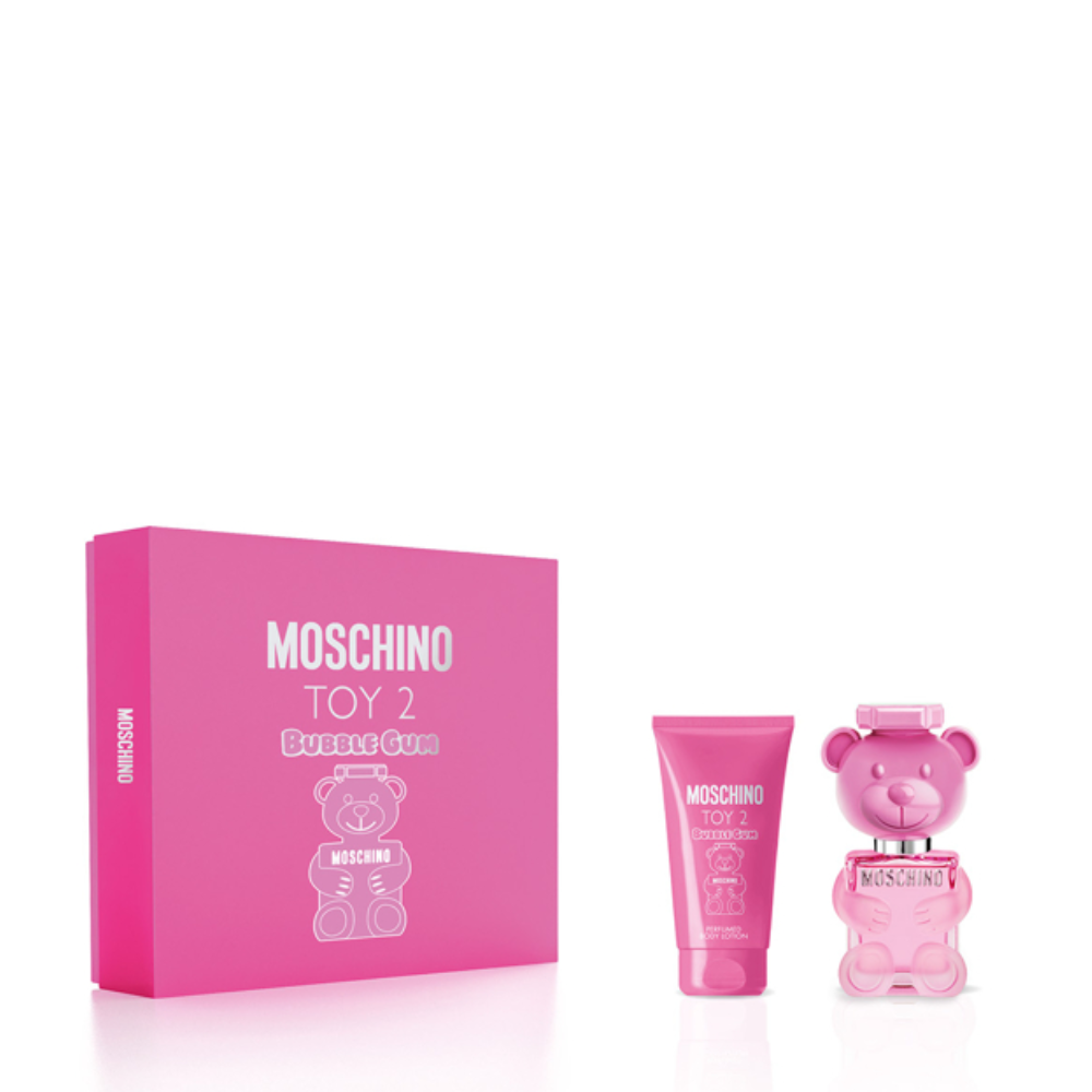 Scatola rosa MOSCHINO Toy 2 Bubble Gum con flacone gel doccia e profumino a forma di personaggio