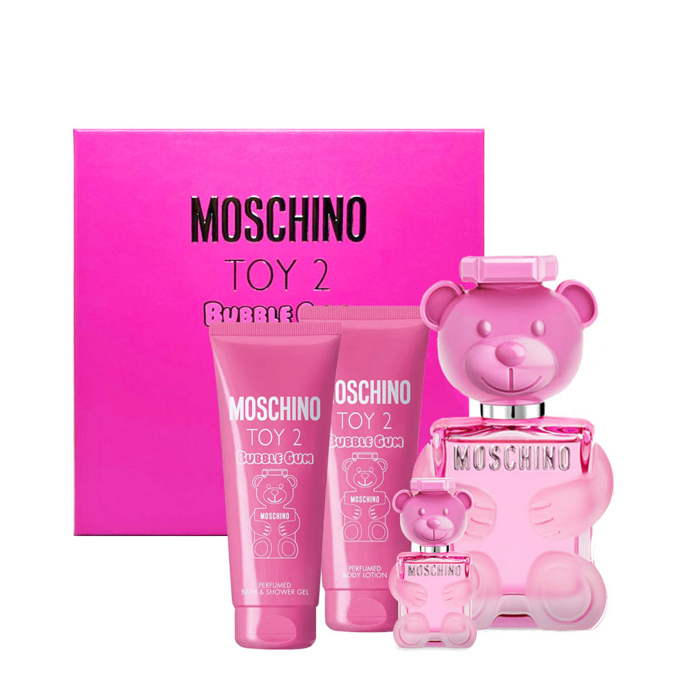 Confezione regalo Moschino Toy 2 Bubble Gum aperta: scatola rosa, flacone fragranza, body lotion e shower gel con relativi imballaggi in composizione