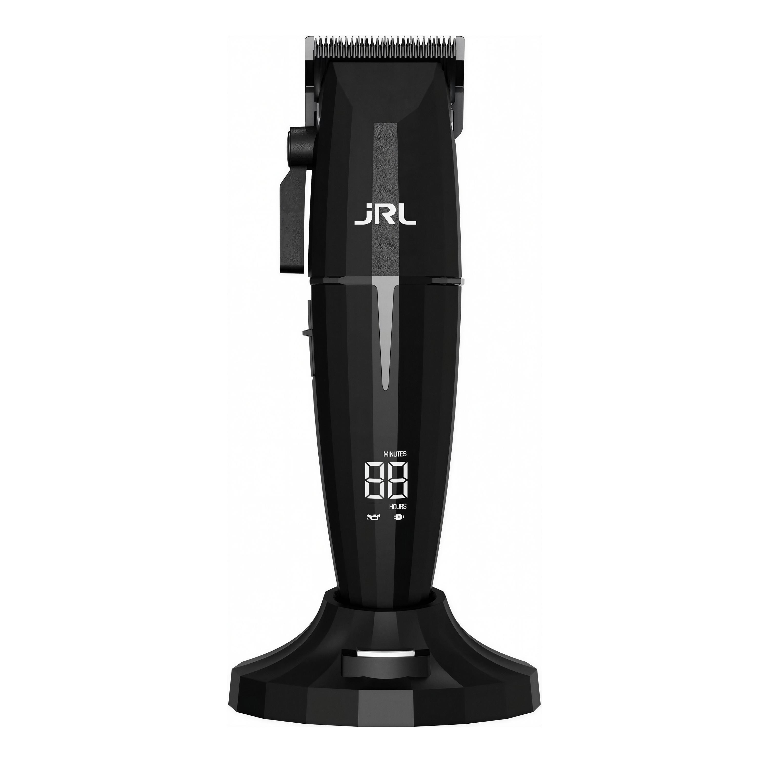 jrl jrl tosatrice onyx 2020c-b cordless - foto 1 Tosatrice JRL Onyx 2020C-B nera cordless, vista frontale con testina di taglio e display digitale