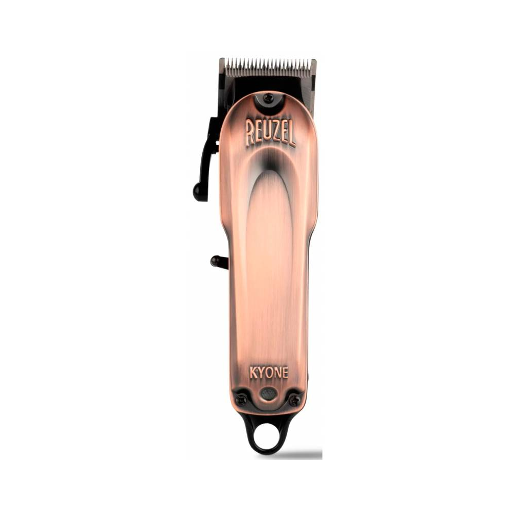 reuzel-tosatrice-the-clipper-kyone-cordless- Tosatrice Reuzel Kyone color champagne, vista frontale, lama superiore e cavo alimentazione nero
