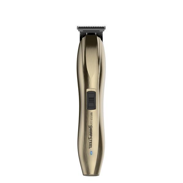 mp-hair-tosatrice-cordless-master-cut-sharp-steel- Tosatrice cordless oro e nero in posizione verticale con pulsante di controllo