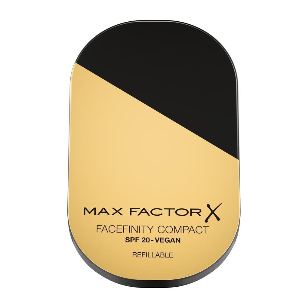 max-factor-fondotinta-facefinity-compact-07-bronze Confezione compatta di fondotinta MAX FACTOR aperta con coperchio nero, polvere beige 07 Bronze
