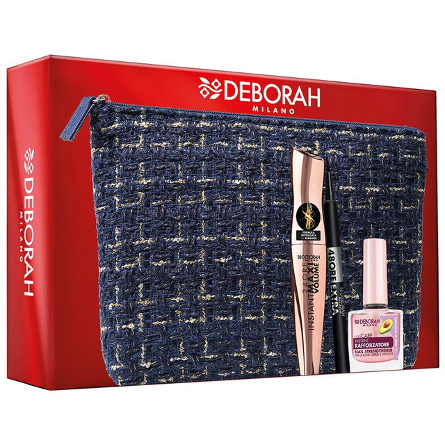 Deborah Pochette Foderata Colore Blu Mascara 24 Ore Instant Max Vol Ceramidi + Eyeliner 48H + Smalto Rafforzatore