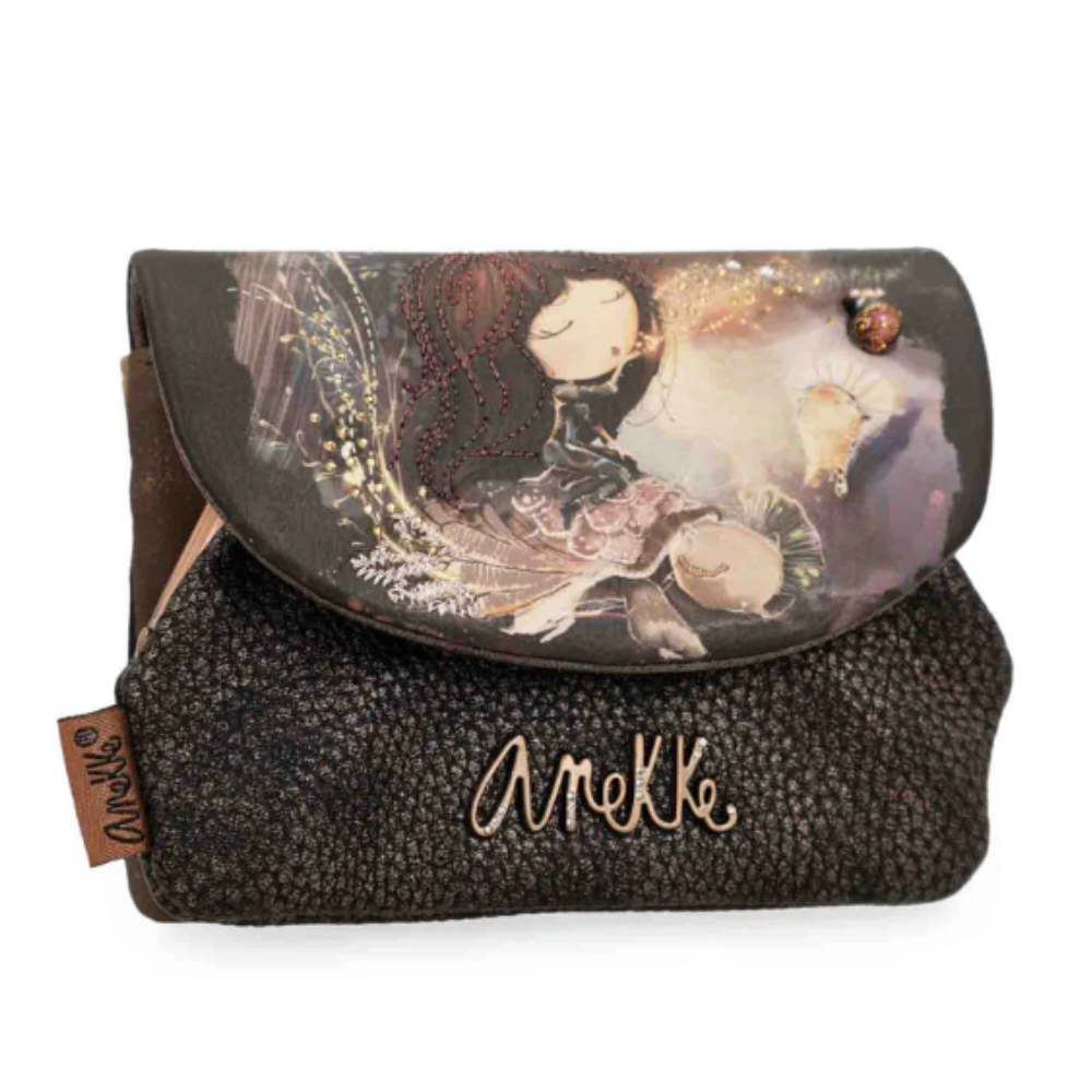 anekke-porta-monete Portamonete ANEKKE con pattern floreale marrone e nero, logo ricamato