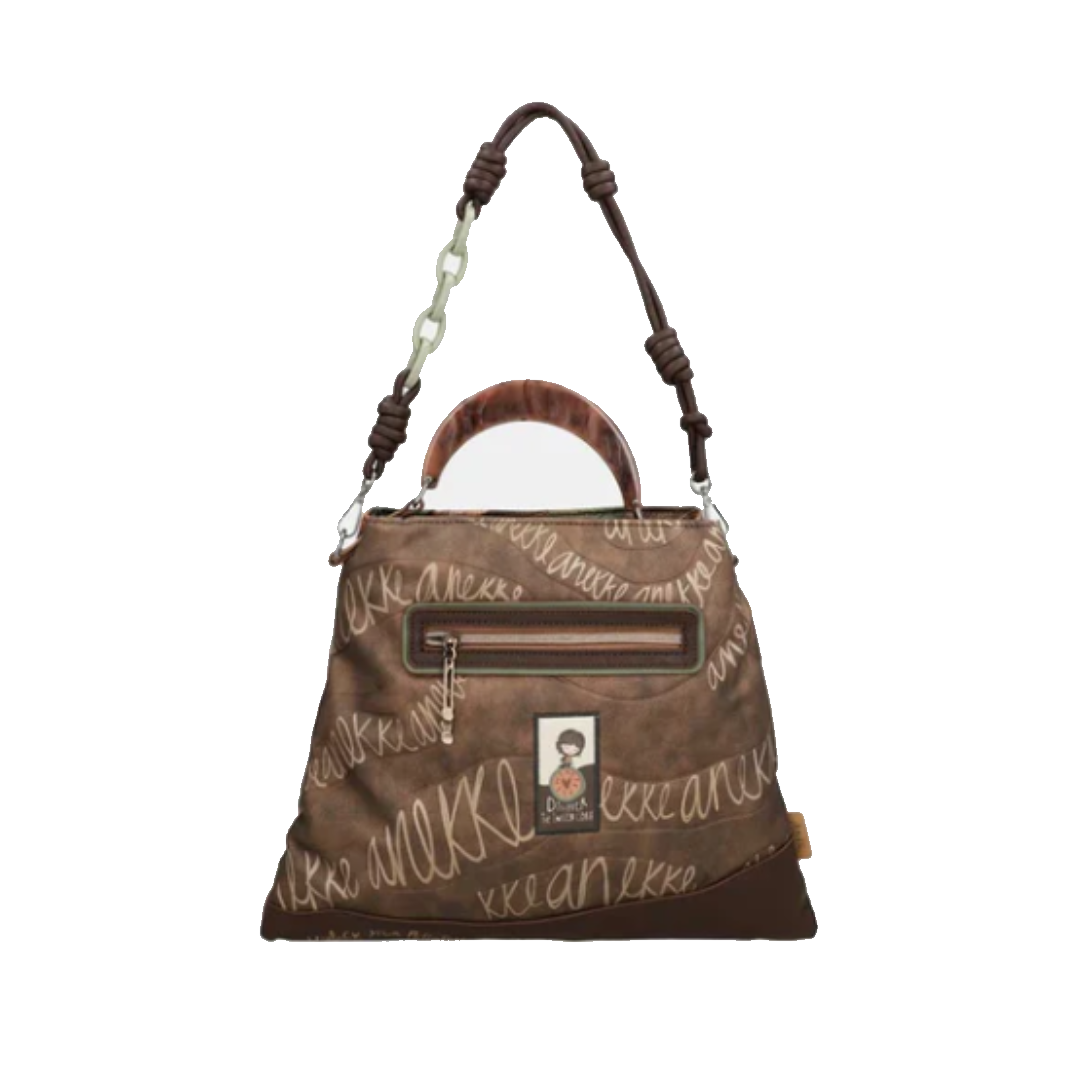 anekke anekke borsa con manico - foto 1 Borsa marrone con motivi stampati, manici in cuoio, dettagli metallici e catena decorativa