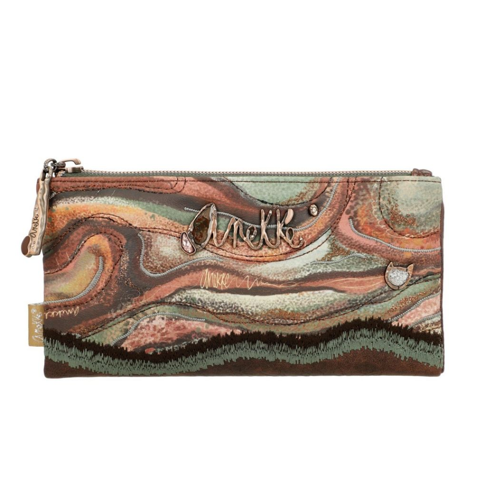 anekke anekke portafoglio - foto 1 Portafoglio ANEKKE con motivo decorativo astratto in tonalità marrone, arancio, rosso e verde, zip e cordino