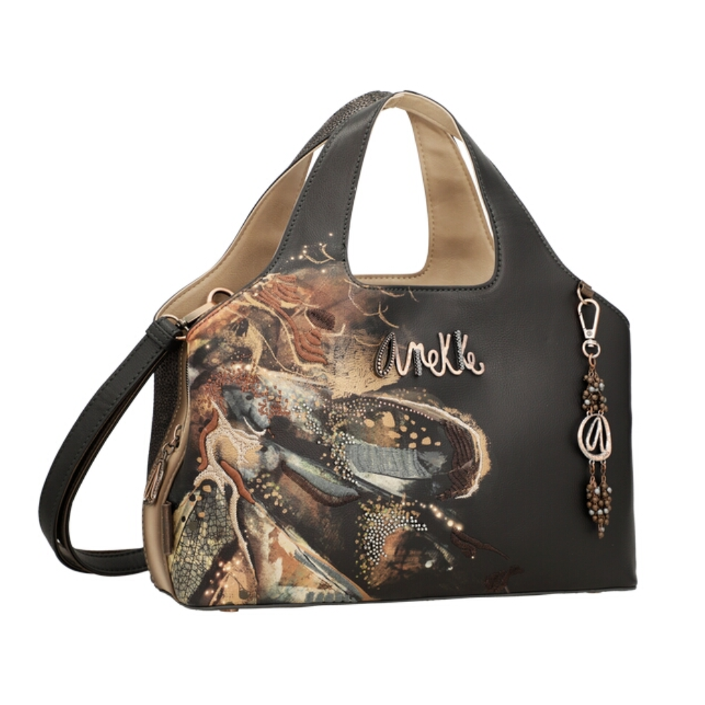 anekke anekke borsa con manico - foto 1 Borsa a spalla ANEKKE nero e marrone con decorazioni, scritte e dettagli grafici