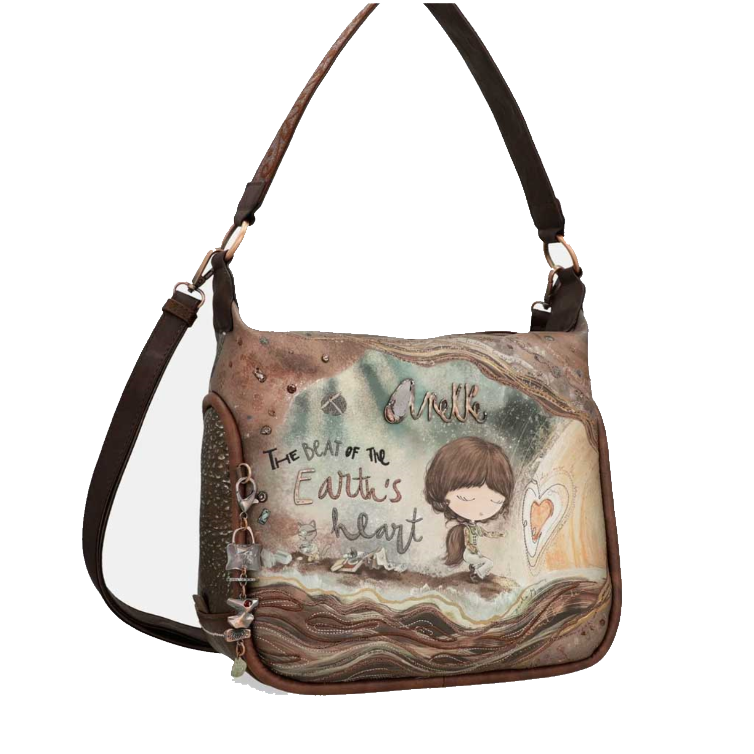 anekke anekke borsa con manico - foto 1 Borsa ANEKKE a spalla marrone con decorazioni, bambina e scritte, manichi in cuoio