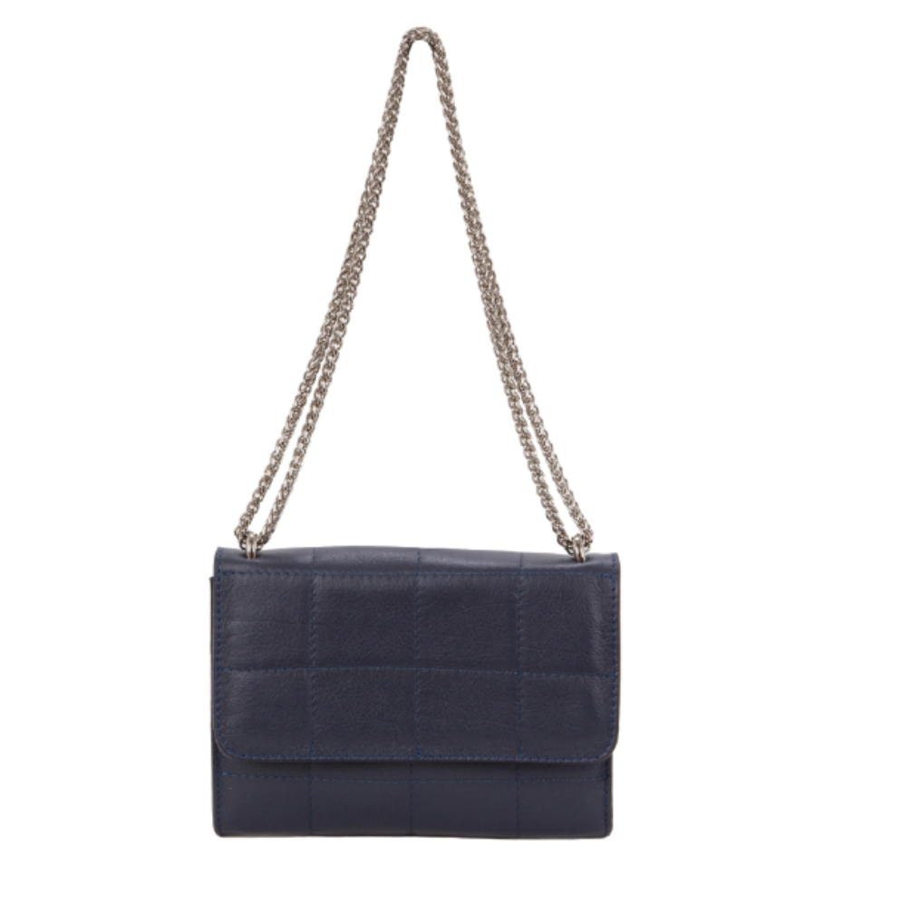 Tracollina in pelle navy con catena, vista frontale