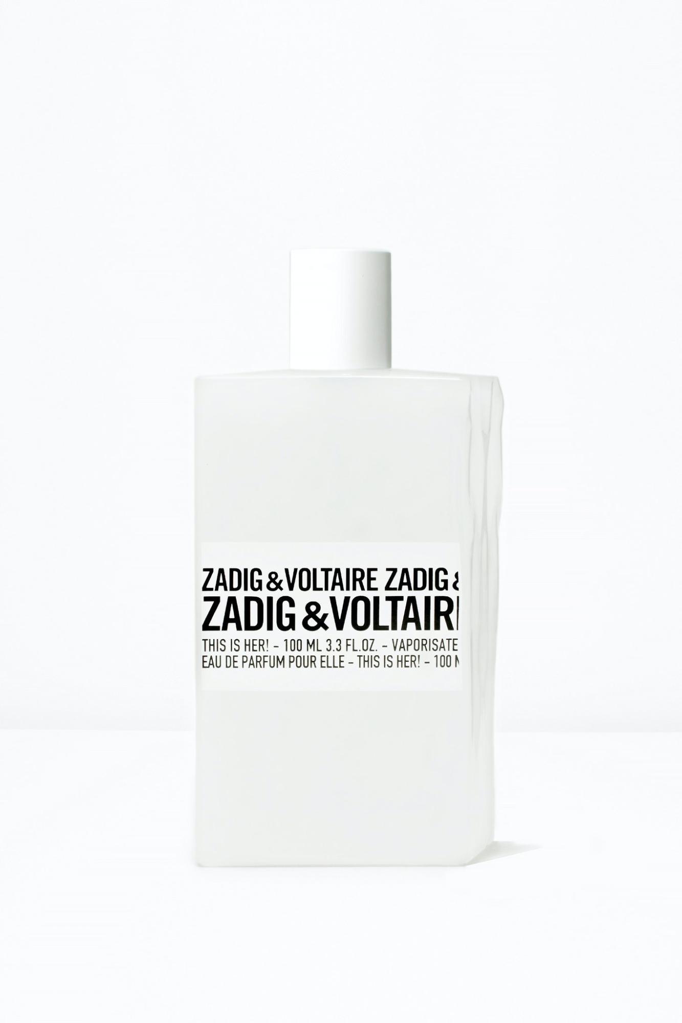 Flacone bianco di Zadig & Voltaire This Is Her Edp, profumo da 100 ml con etichetta