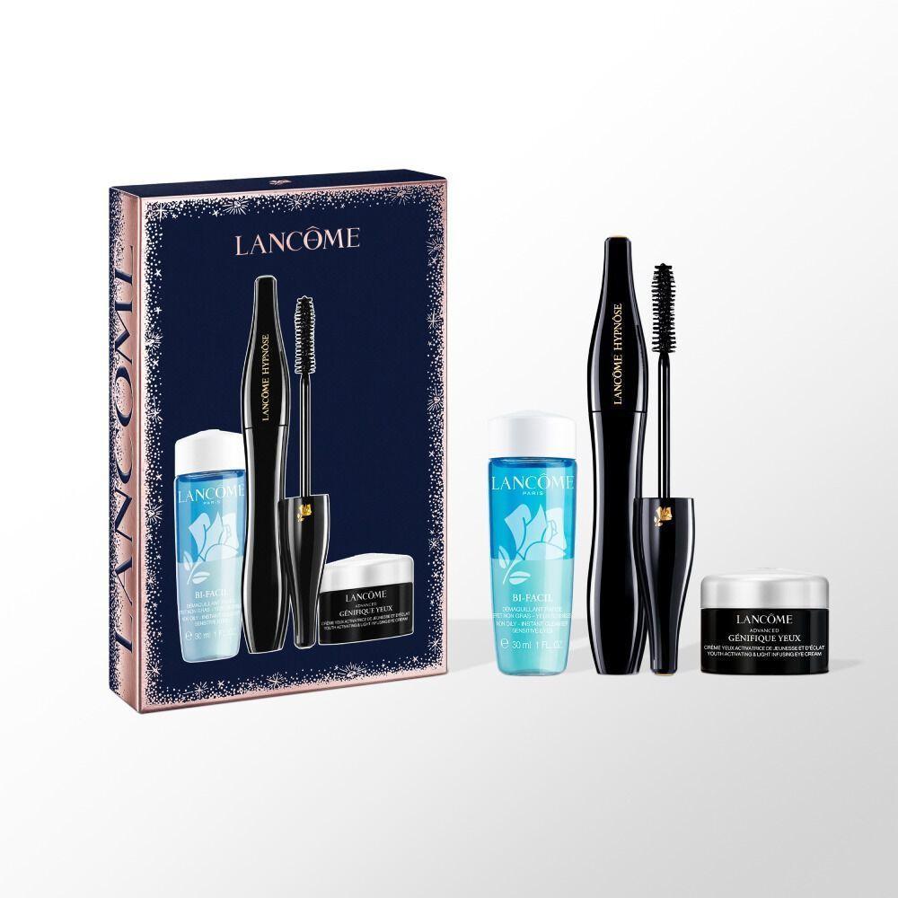 lancome-conf.-mascara-hypnose-6.2ml-+-crema-occhi-5ml-+-struccante-bif-facil-30ml Confezione Lancôme blu con mascara nero, crema occhi e struccante allineati