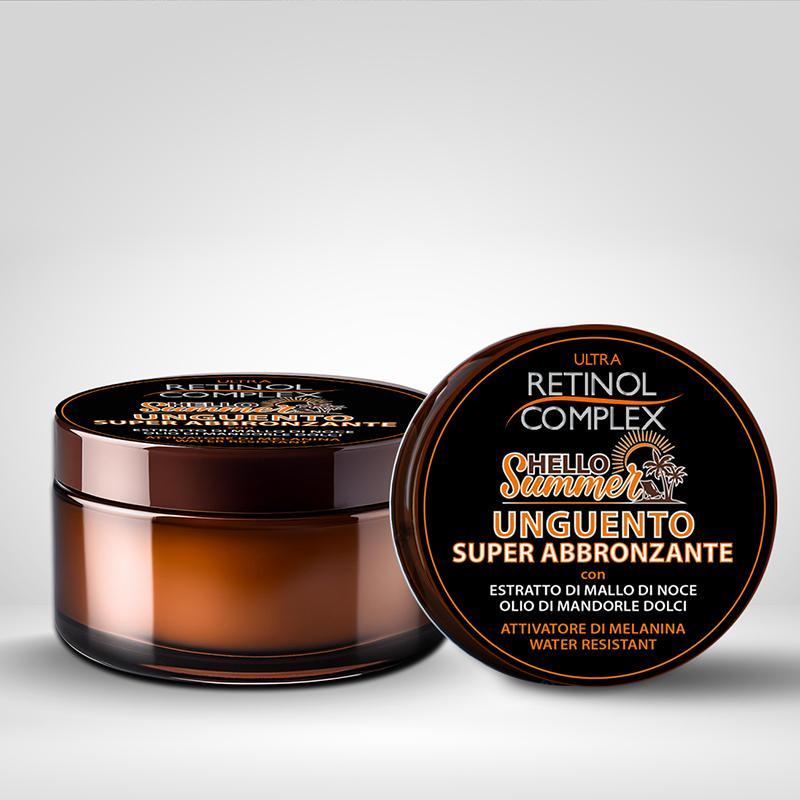 ultra retinol retinol complex summer unguento super abbronzante 150ml 707 - foto 1 Barattolo aperto di unguento abbronzante Retinol Complex, colore ambrato, 150ml, con etichetta nera e oro