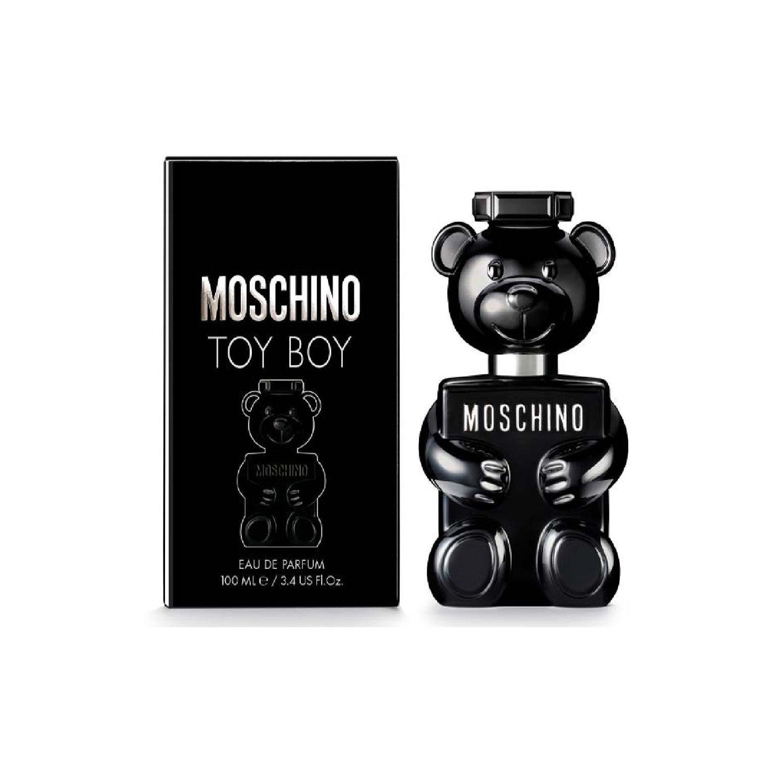 Moschino Toy Boy profumo, bottiglia nera a forma di orsetto con confezione nero accanto