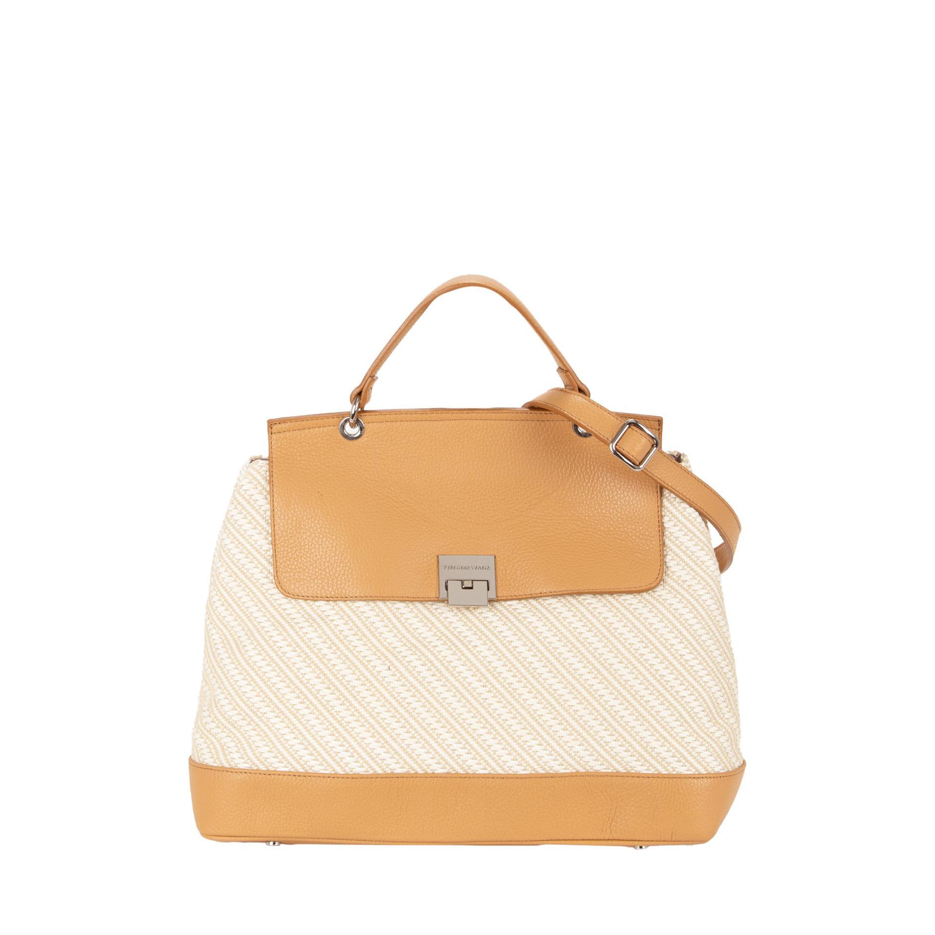 Borsa a mano media in paglia e pelle, bicolore paglia/bianco e cuoio, con manici in pelle