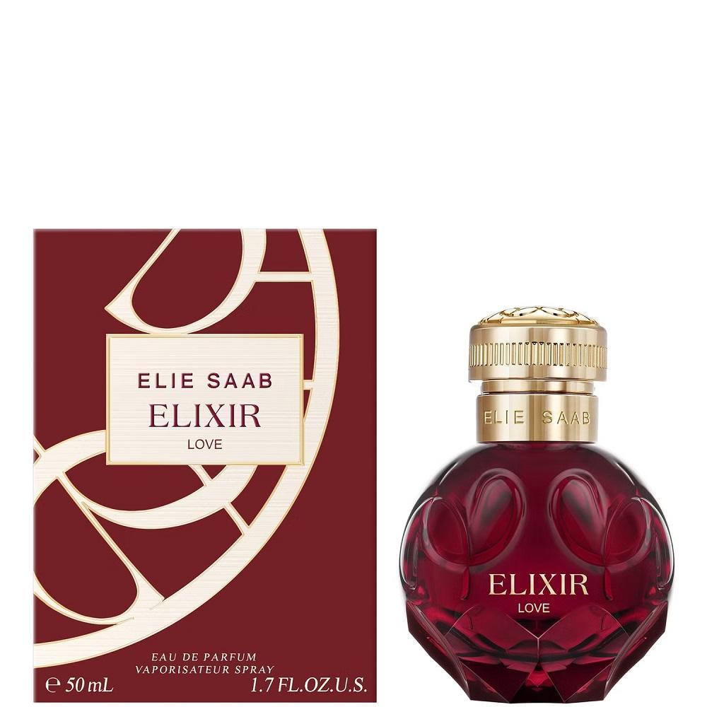 Bottiglia di profumo Elie Saab Elixir Love 100ml con confezione, sfondo bianco