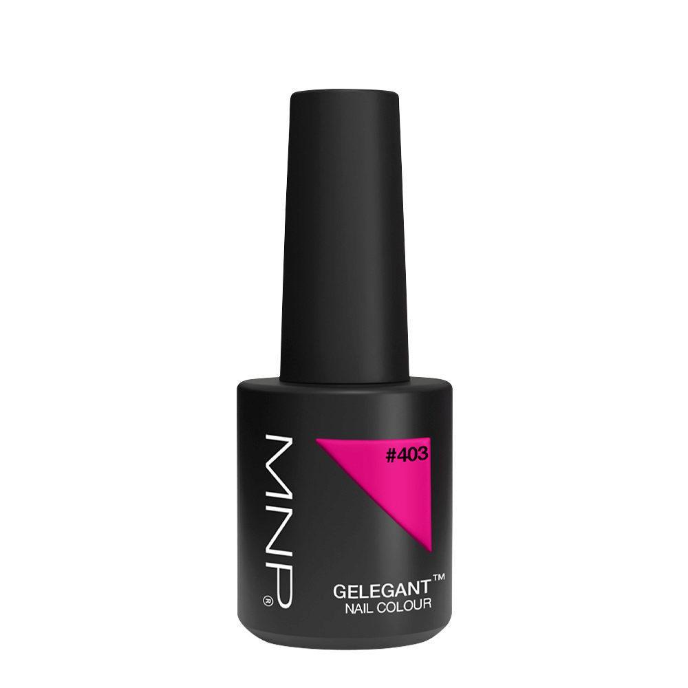 Flacone nero con tappo a cono, etichetta rosa e nera, smalto semipermanente 403 Hectic Inside