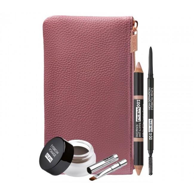 pupa pupa eyebrow professional kit black - foto 1 Astuccio rosa in pelle con kit completo: matite, gel, ombretti, pinzette e pennello per sopracciglia