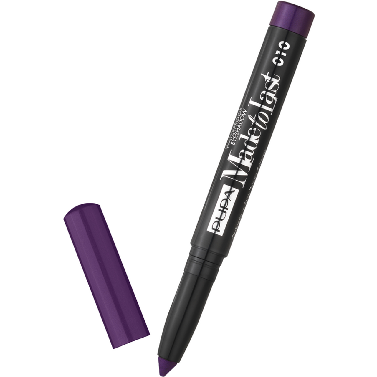Eyeliner in penna a punta fine, colore viola prugna, con coperchio aperto accanto su sfondo bianco