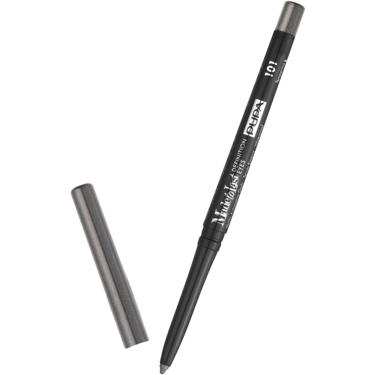 Eyeliner PUPA MAT.OCCHI MADE TO LAST 101, matita occhi nera con cappuccio grigio su sfondo bianco