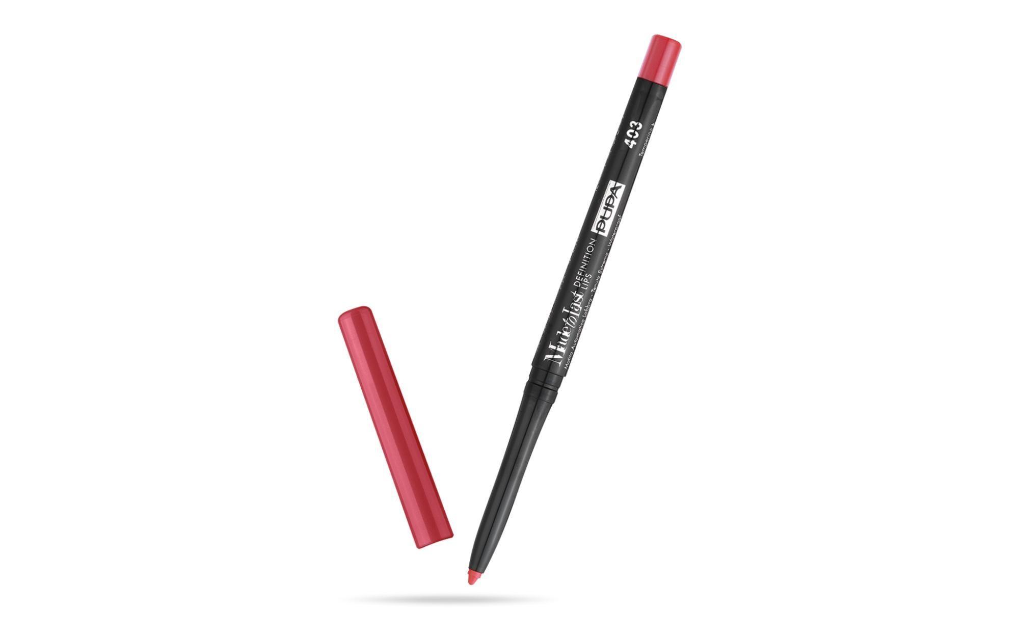 Due matite labbra PUPA MAT, una rosa/fucsia e una nera, su fondo bianco