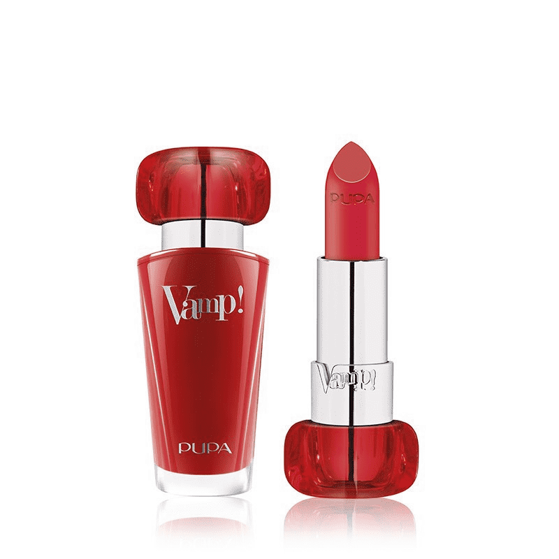 PUPA Lipstick Vamp! 307 rossetto rosso scuro, packaging rosso con tubo e tappo