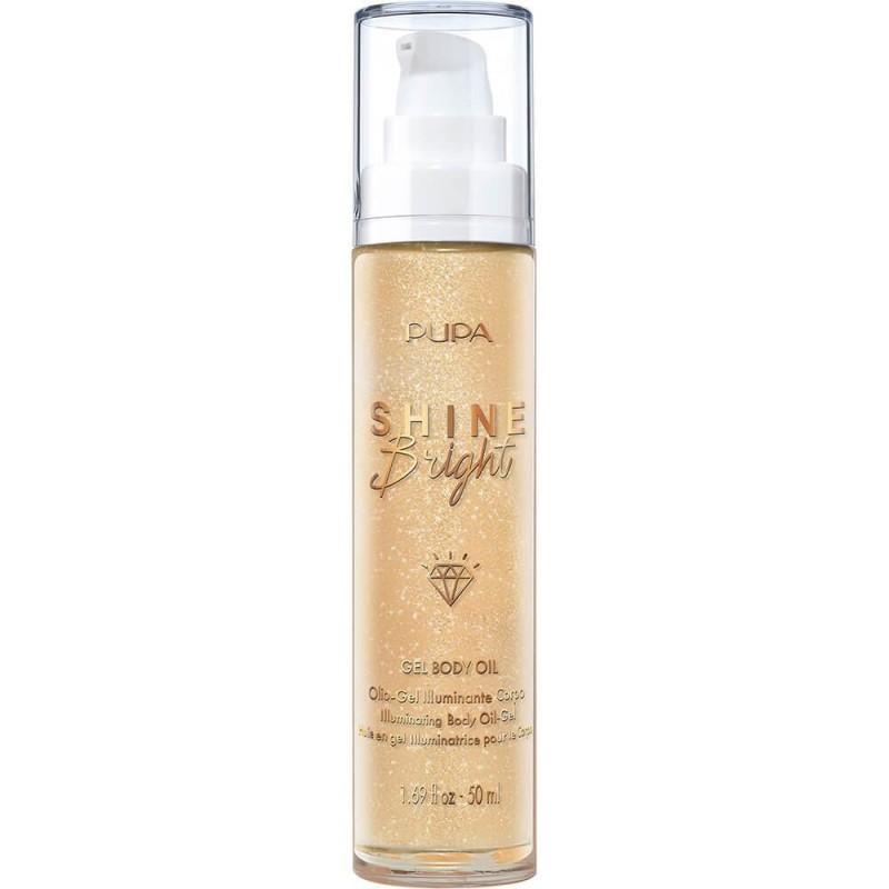 Bottiglia spray trasparente con tappo bianco, liquido dorato, etichetta beige - PUPA SHINE BRIGHT FACE&BODY GEL