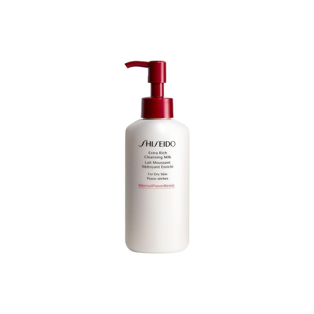 Shiseido Cleansing Milk Ex. Rich, bottiglia bianca con pompa rosso scuro