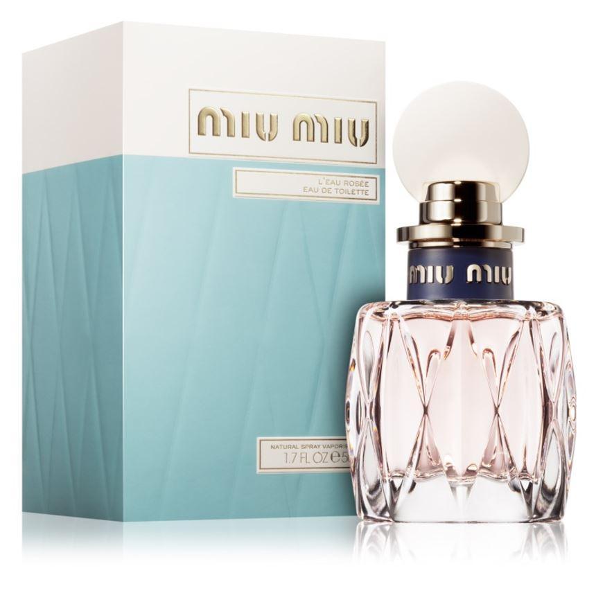 miu miu e.d.t.miu miu l'eau rosee 50 ml - foto 1 Confezione Miu Miu L'Eau Rosée 50 ML: scatola blu turchese, flacone trasparente