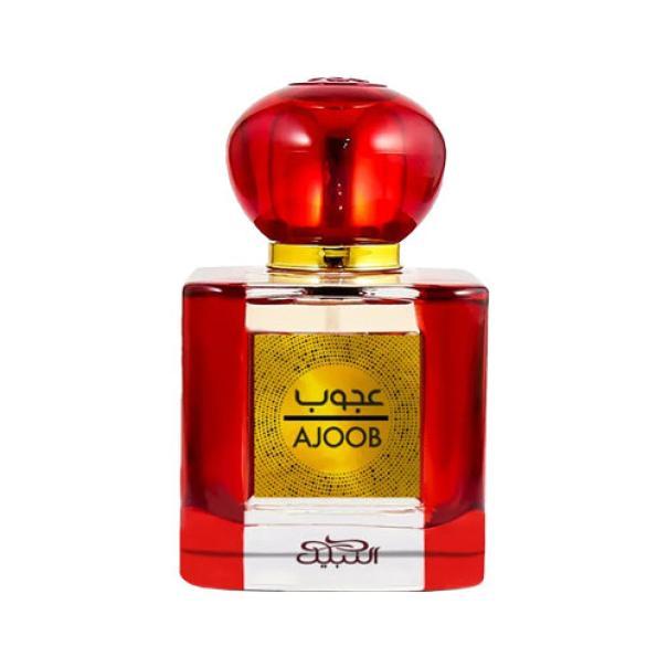 Bottiglia profumo Nabeel E.D.P. Ajoob 100ml con tappo rosso sfaccettato, flacone trasparente e liquido giallo-dorato