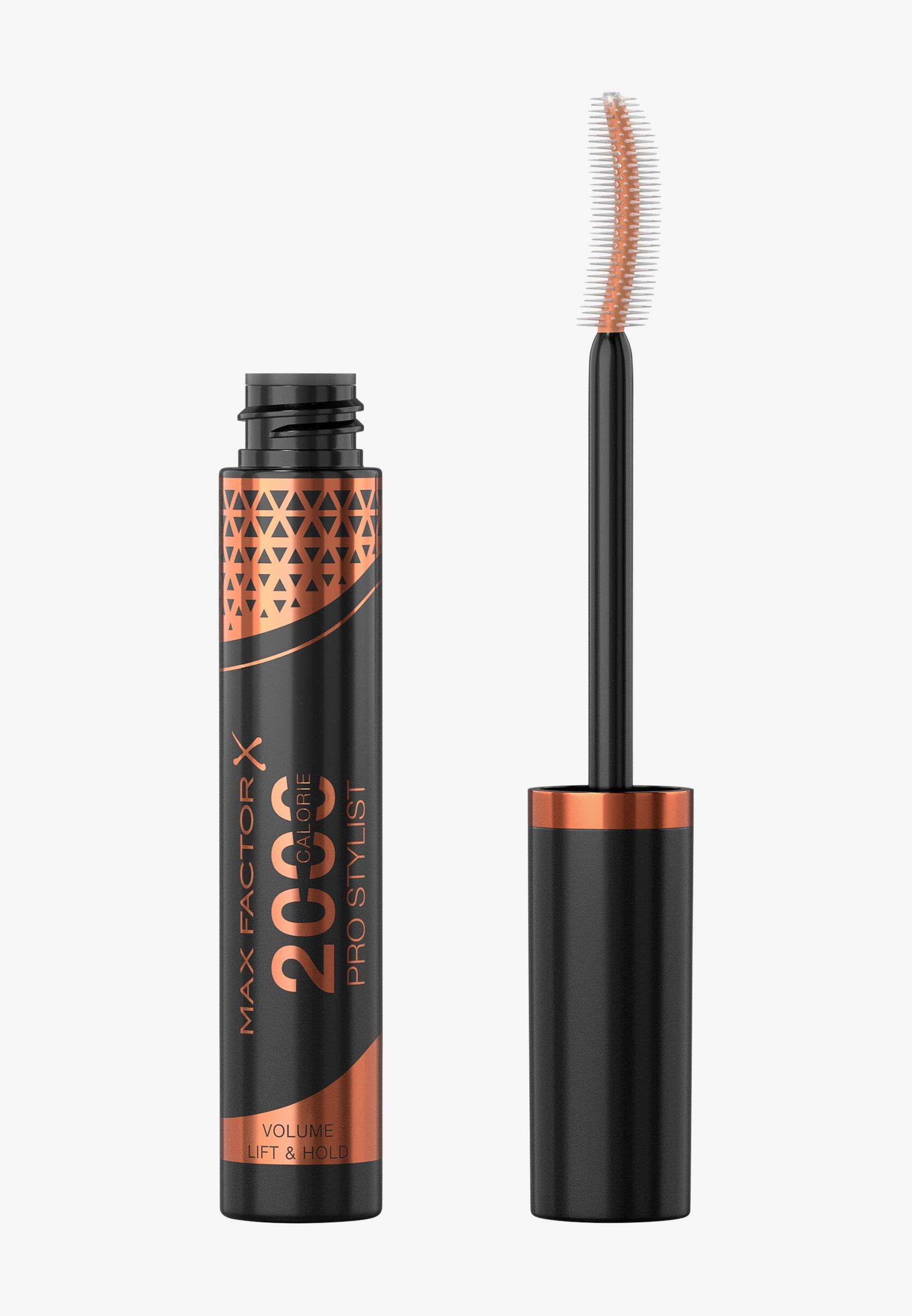 Mascara MAX FACTOR 2000 Calorie Restage 01: flacone nero con dettagli rame/oro e applicatore con setole