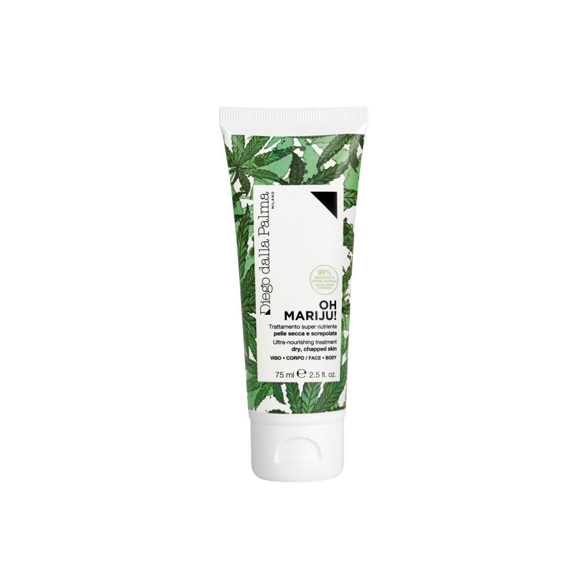 Tubo di crema nutritiva Diego Dalla Palma con marijuana, packaging bianco e verde con foglie