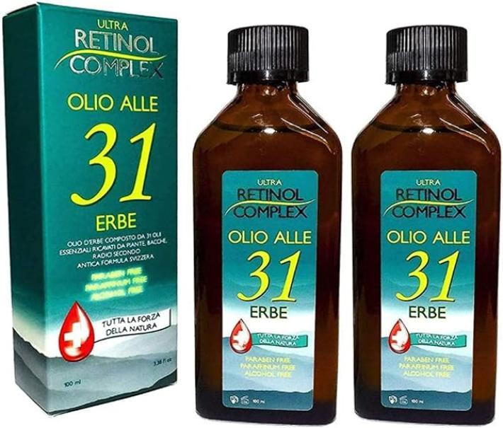 Confezione e due bottiglie di Retinol Complex Olio alle 31 Erbe