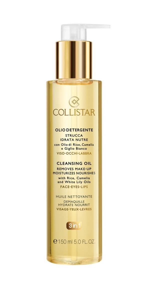 collistar collistar olio strucc.del.150ml - foto 1 Bottiglia di olio detergente Collistar da 150ml con pompa, colore oro su sfondo bianco