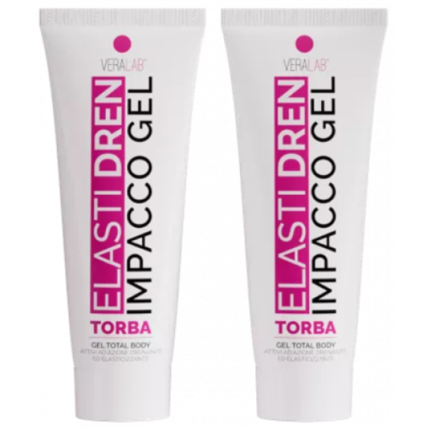 Due tubi di gel crema VERALAB ELASTIDREN IMPACCO GEL con etichetta rosa, per il trattamento corpo