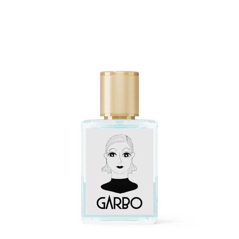 Bottiglia di profumo VERALAB GARBO con tappo nero e disegno di volto