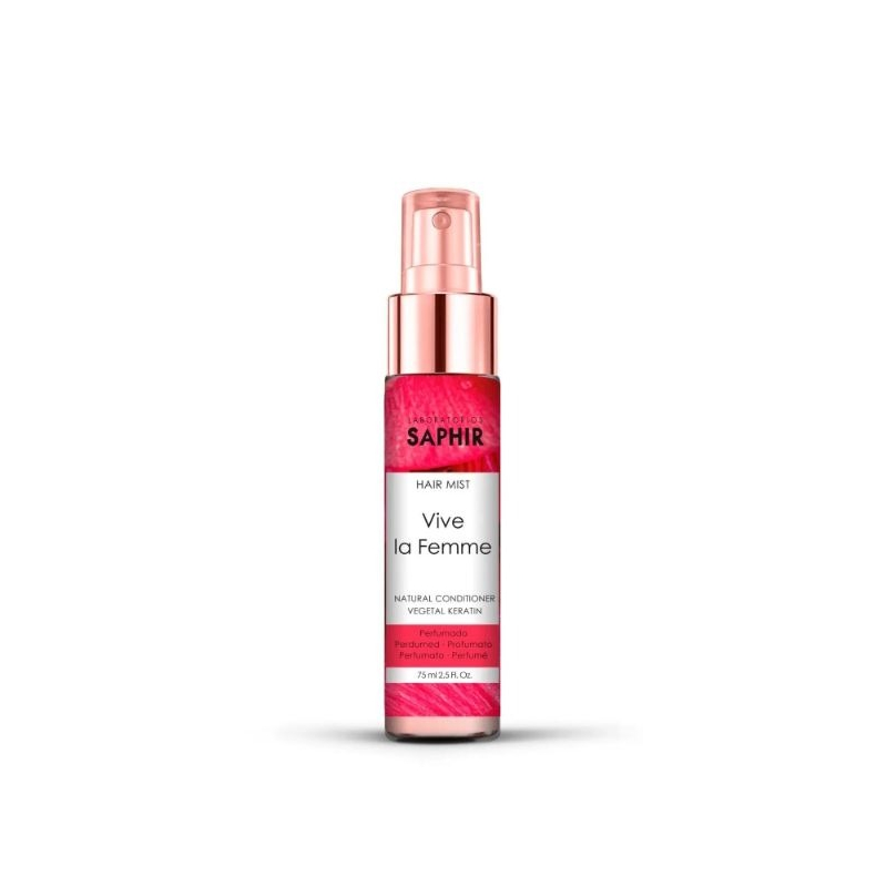 Hair mist spray Saphir Parfums Vive, flacone 75ml con pomello trasparente ed etichetta rosa magenta