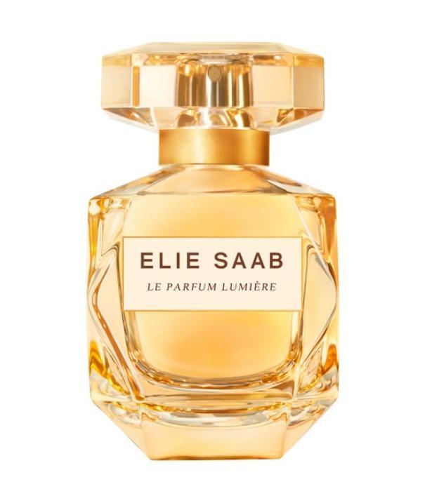 elie saab conf.elie saab lumiere 50 ml - foto 1 Flacone ELIE SAAB LE PARFUM LUMIERE 50 ML su sfondo bianco, cap dorato ottagonale