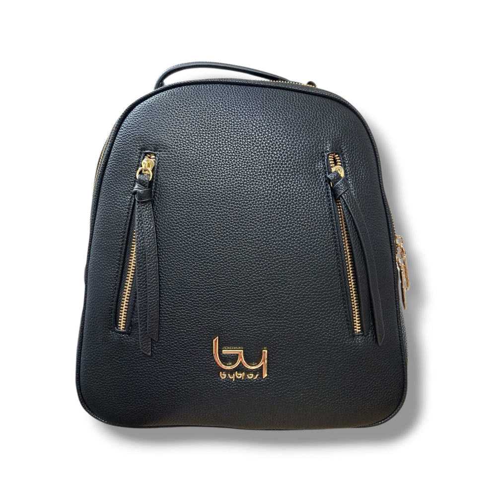 Zaino nero sintetico con manici, tasche zip e logo BYBLOS oro