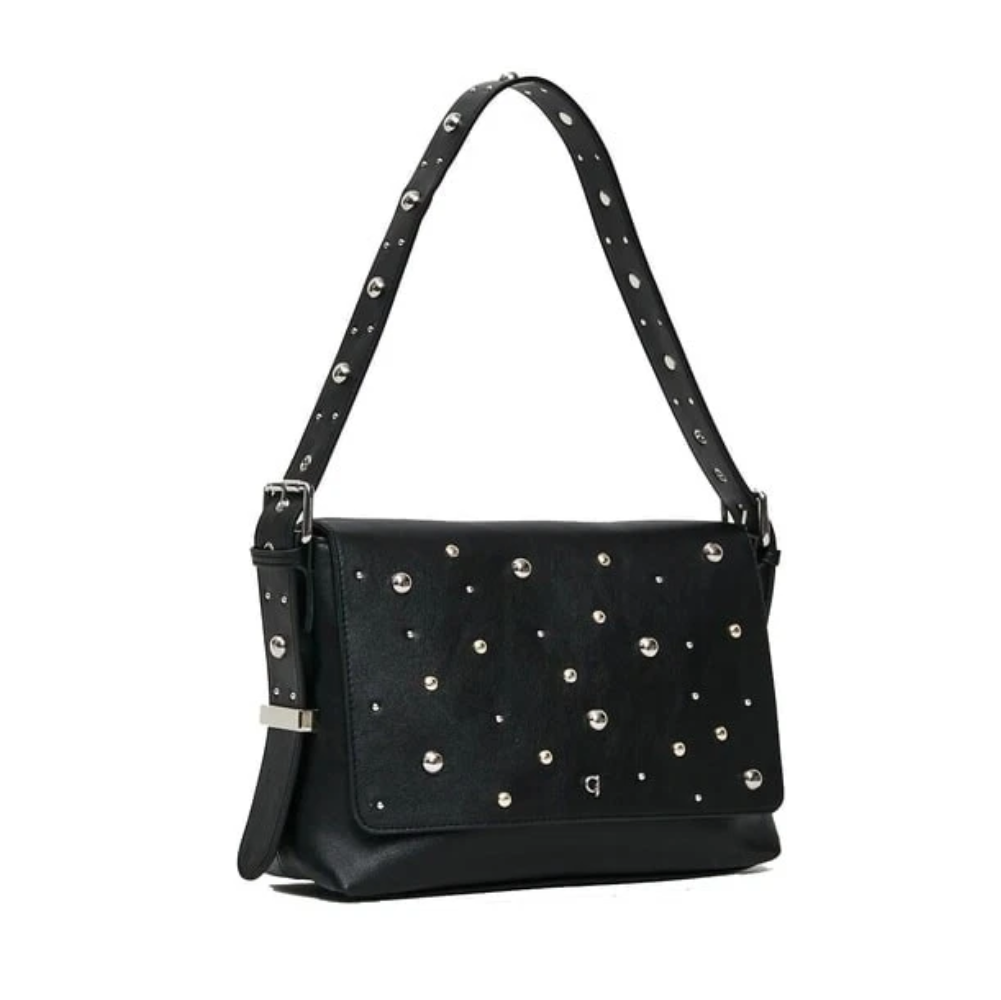 Borsa a spalla da donna nero con decorazioni a borchie metalliche