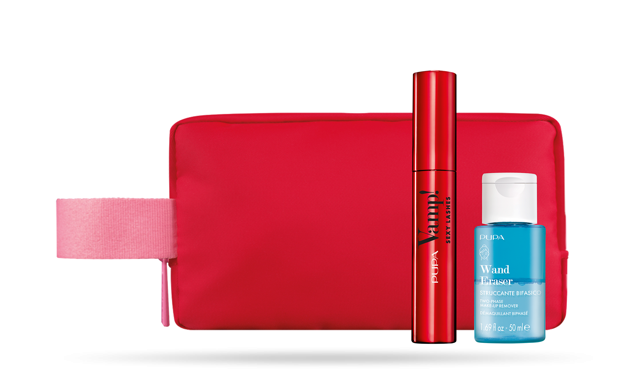 Kit completo PUPA con pochette rossa, mascara, bottiglia e scrunchie