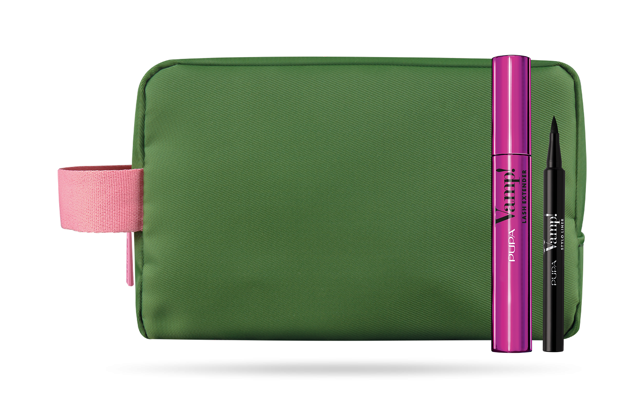 Kit PUPA con beauty case verde, inserto rosa, ciglia finte, fascetta e scrunchie