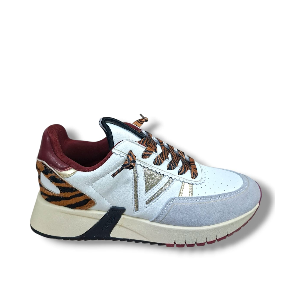 Gaudi sneaker donna suede pelle azzurro bordeaux dettagli dorati vista laterale