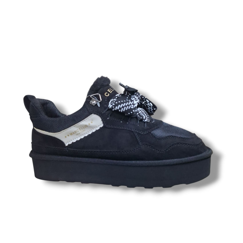 Scarpa platform nera MARC ELLIS con dettagli decorativi bianchi e blu, colletto imbottito
